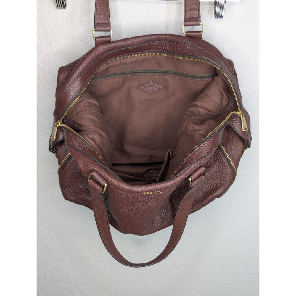 Fossil Leather Tote Shoulder Bag Satchel Brown Medium Preston Purse Zip Around - Picture 7 of 13